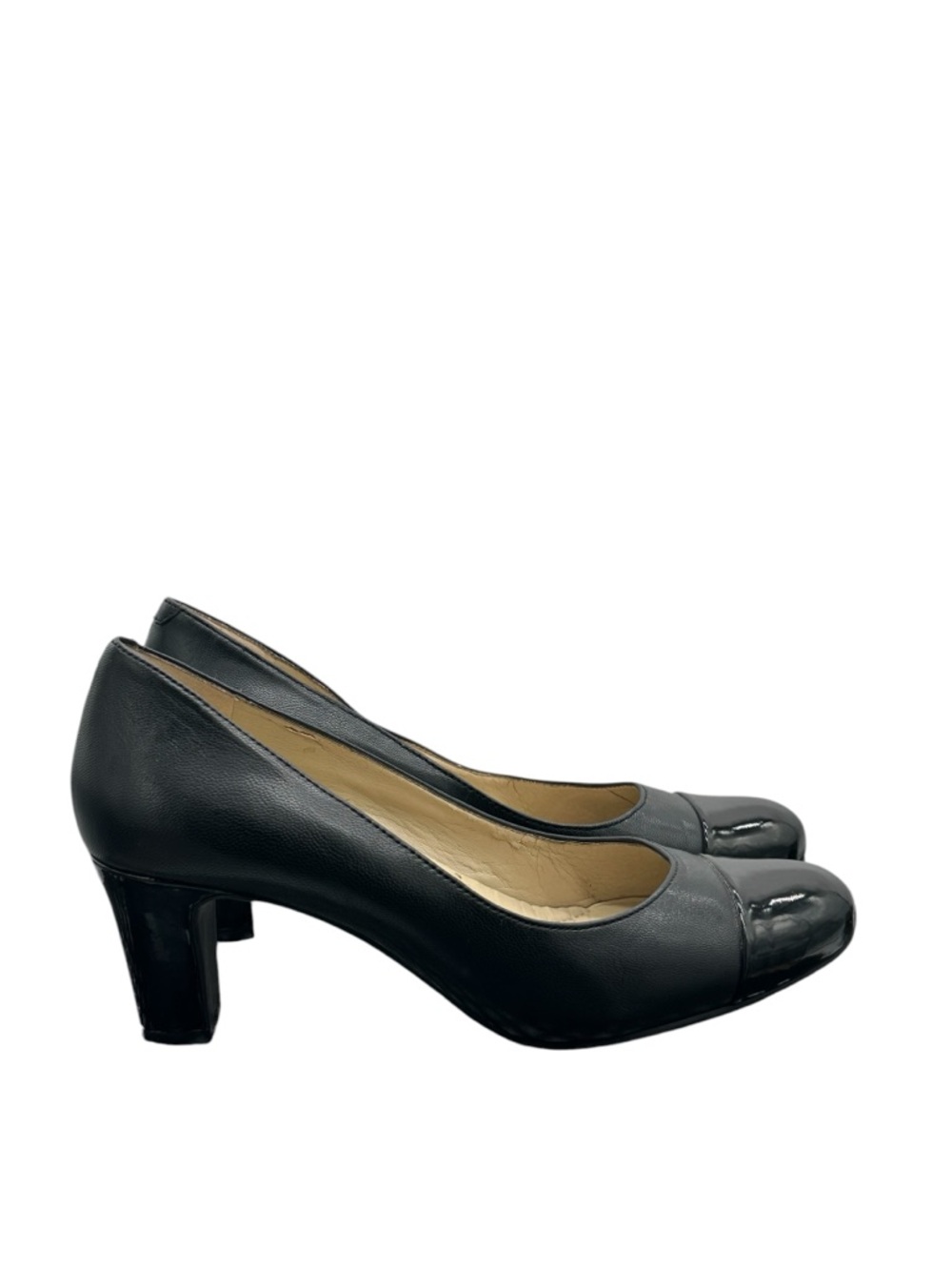 Easy Spirit Black Leather Patent Cap Toe Block Heel Pump